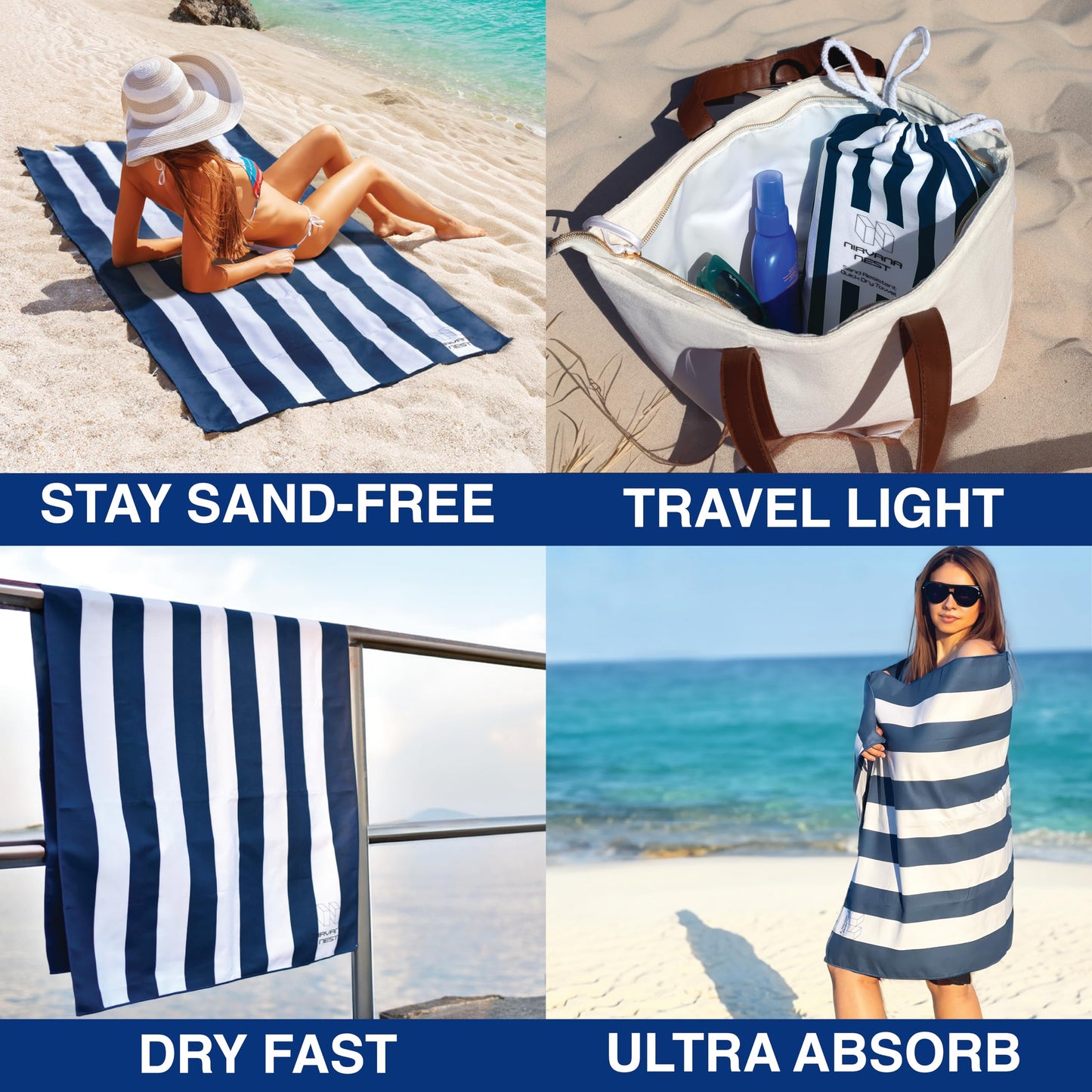 Nirvana Nest Microfiber Beach Towel, Quick Dry, Compact, Travel-Friendly Towel, Sand Free for Beach, Camping, Swim Pool, Cabana, Gym, Sports & Yoga - Includes Bag - Deep Blue Wave