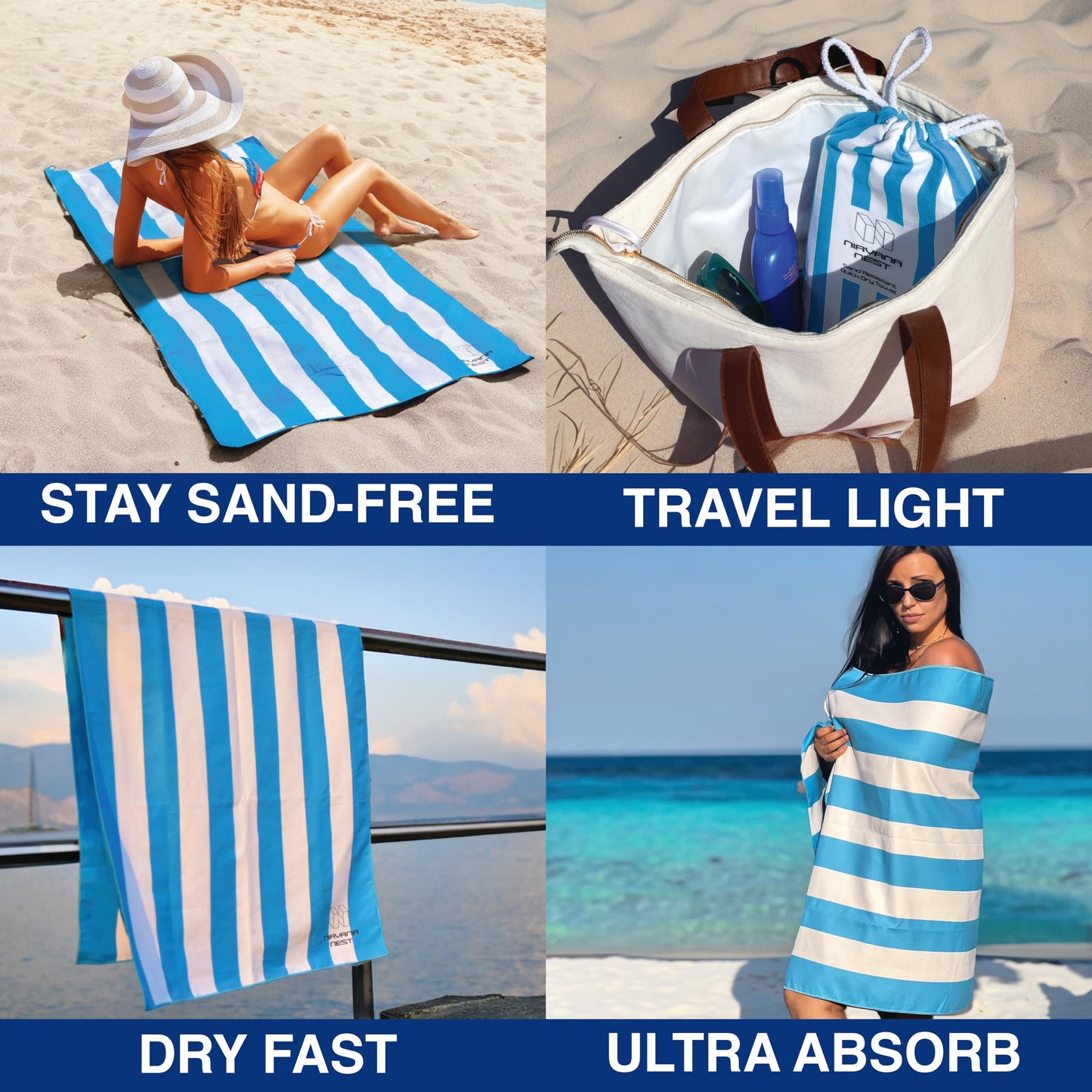 Nirvana Nest Microfiber Beach Towel, Quick Dry, Compact, Travel-Friendly Towel, Sand Free for Beach, Camping, Swim Pool, Cabana, Gym, Sports & Yoga - Includes Bag - Beach Blue Color