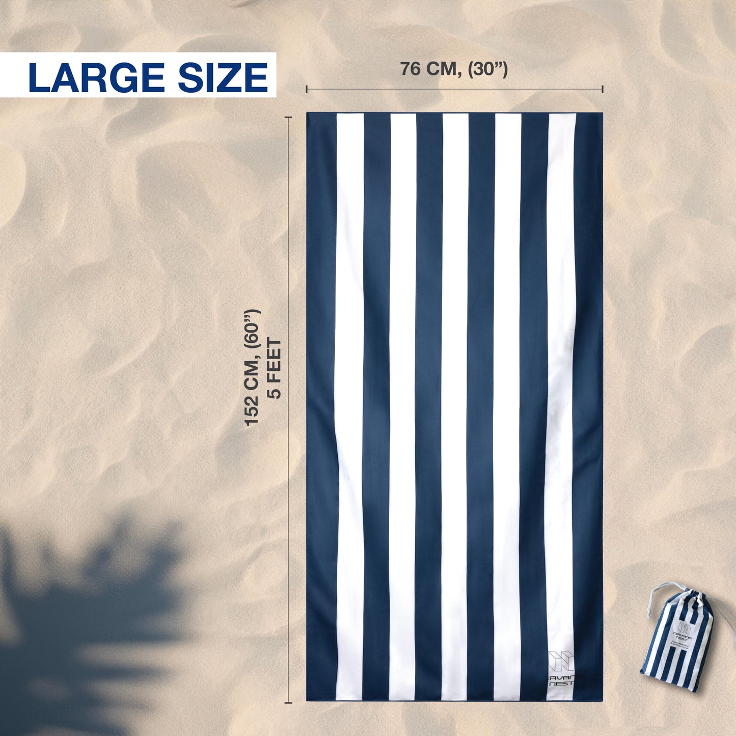 Nirvana Nest Microfiber Beach Towel, Quick Dry, Compact, Travel-Friendly Towel, Sand Free for Beach, Camping, Swim Pool, Cabana, Gym, Sports & Yoga - Includes Bag - Deep Blue Wave