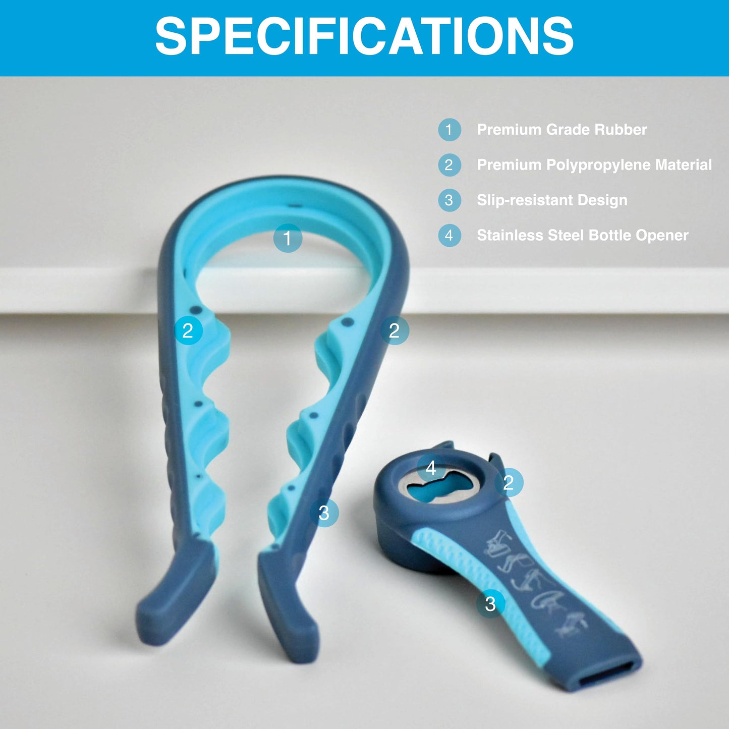 Jar Opener, 5 in 1 Multi Function Can Opener Bottle Opener Kit with Silicone Handle Easy to Use for Children, Elderly and Arthritis Sufferers by Nirvana Nest (Blue and Grey)