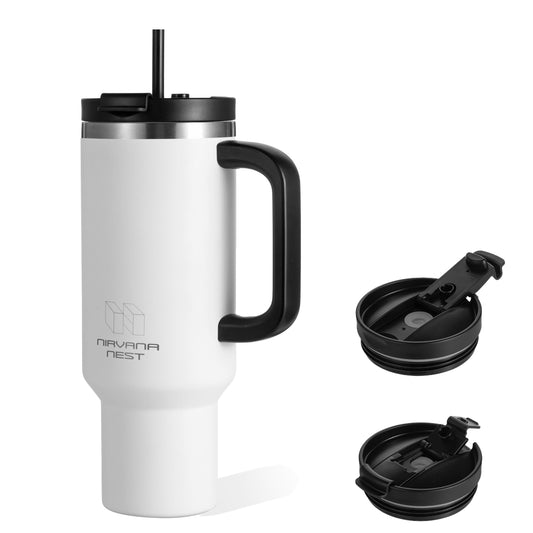 Nirvana Nest Stainless Steel 40 Oz Tumbler with Handle and Straw | Vacuum Insulated | Triple Function Leak Proof Lid | Water Bottle Travel Mug | Gifts for Women Men Him Her | White