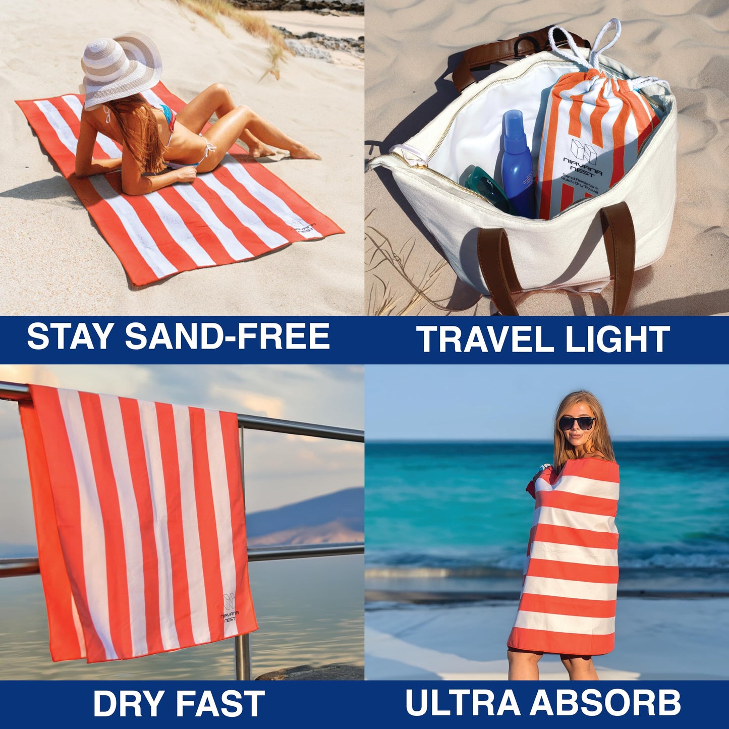 Nirvana Nest Microfiber Beach Towel, Quick Dry, Compact, Travel-Friendly Towel, Sand Free for Beach, Camping, Swim Pool, Cabana, Gym, Sports & Yoga - Includes Bag - Living Corals