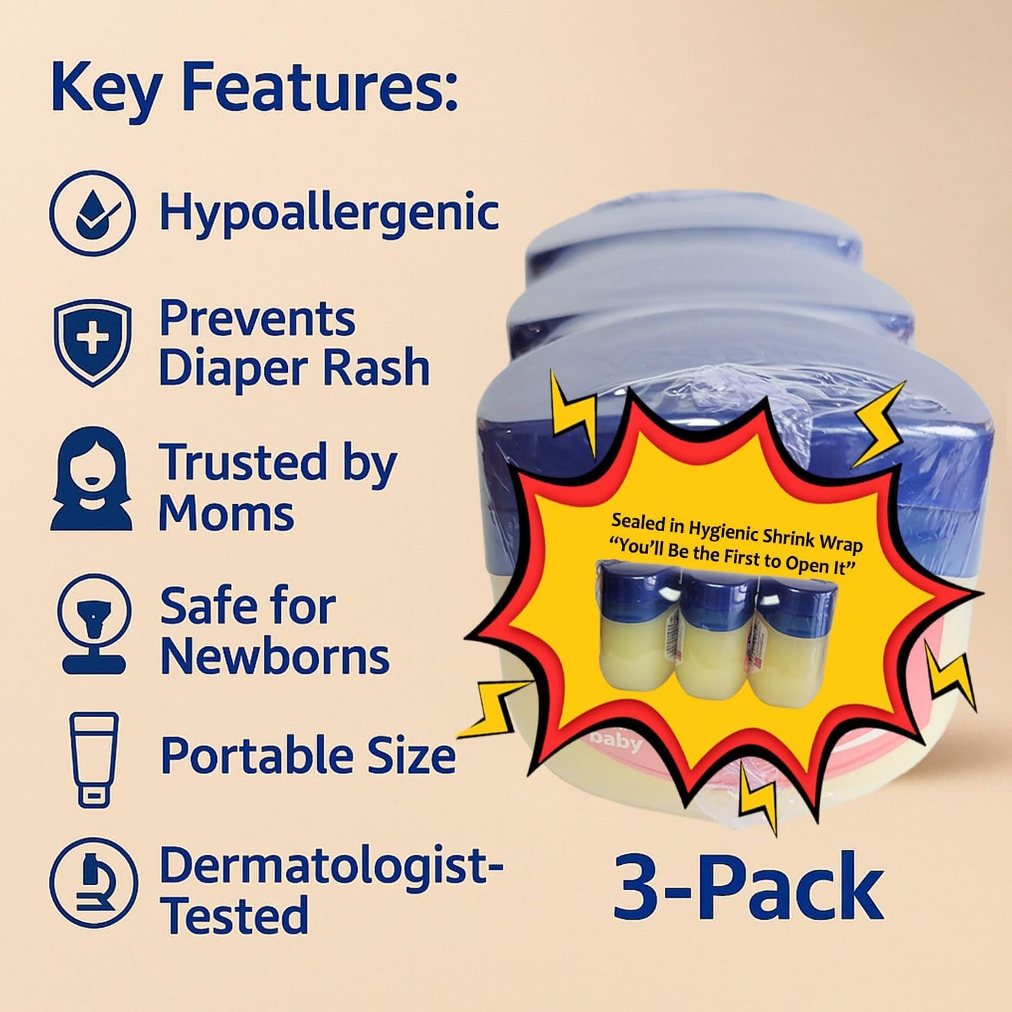 Vaseline Baby Protective Jelly – 3 Pack of 50 ml – Hypoallergenic, Safe for Sensitive Skin – Daily Use