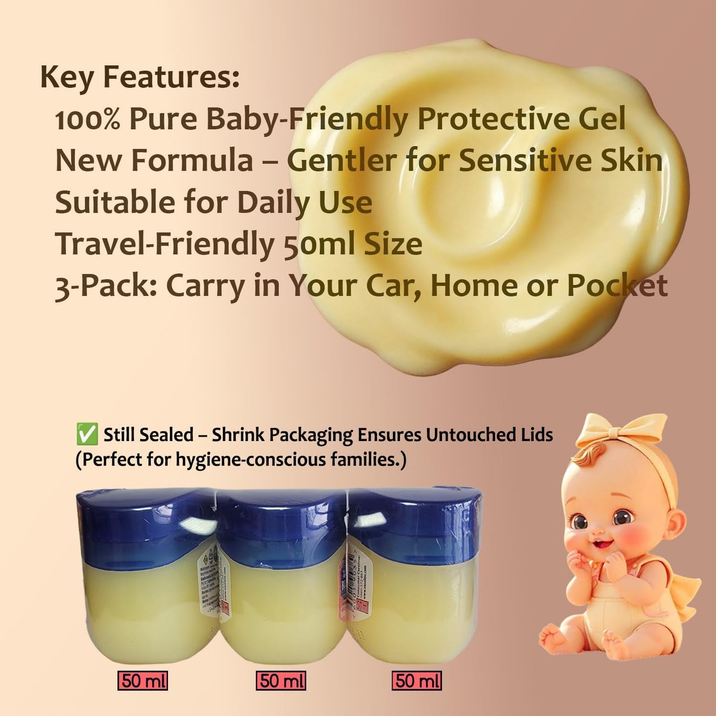 Vaseline Baby Protective Jelly – 3 Pack of 50 ml – Hypoallergenic, Safe for Sensitive Skin – Daily Use