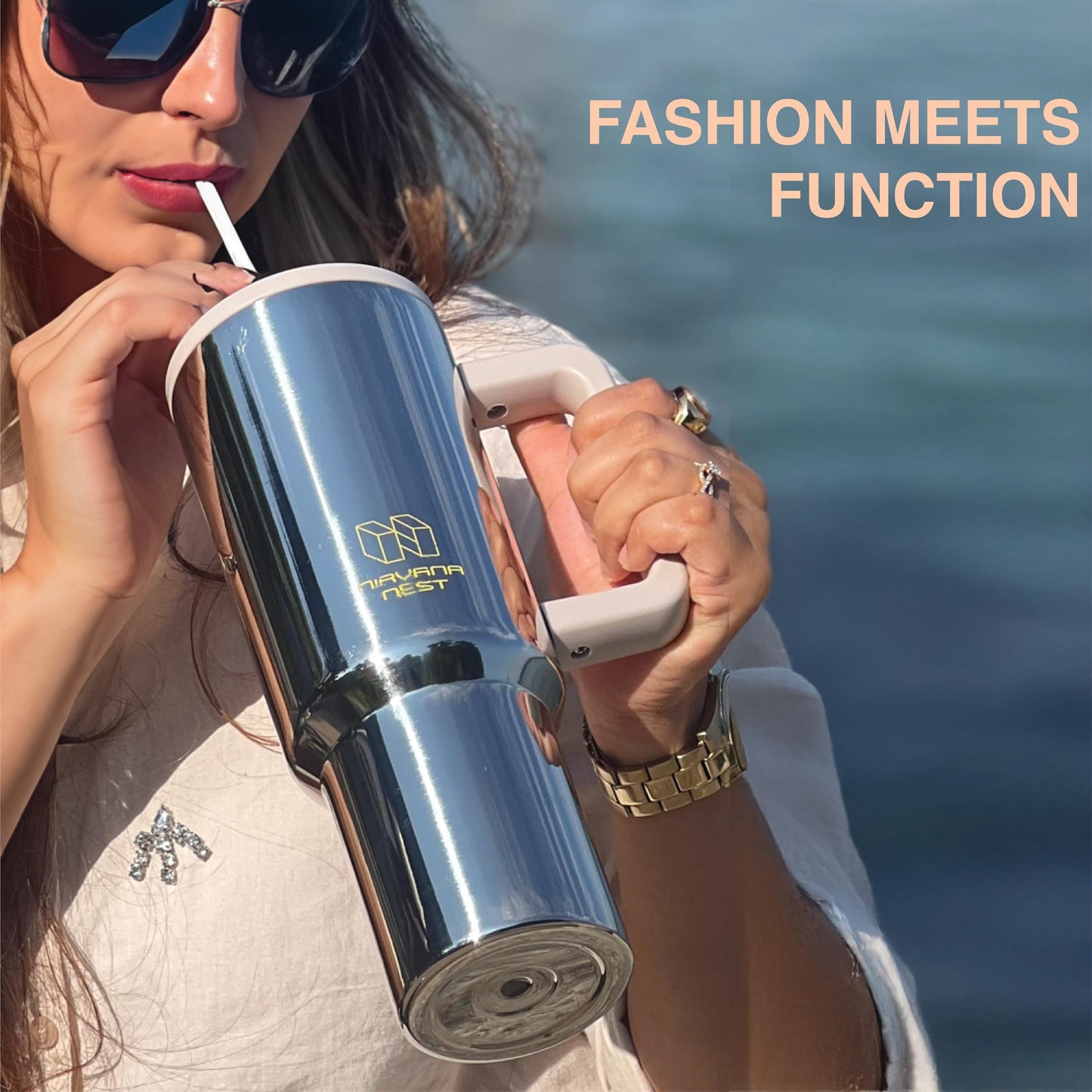 Nirvana Nest Stainless Steel 40 Oz Tumbler with Handle and Straw | Vacuum Insulated | Silicone Lid | Water Bottle Travel Mug | Gifts for Women Men Him Her | Electrolyte Series | Silver Metallic