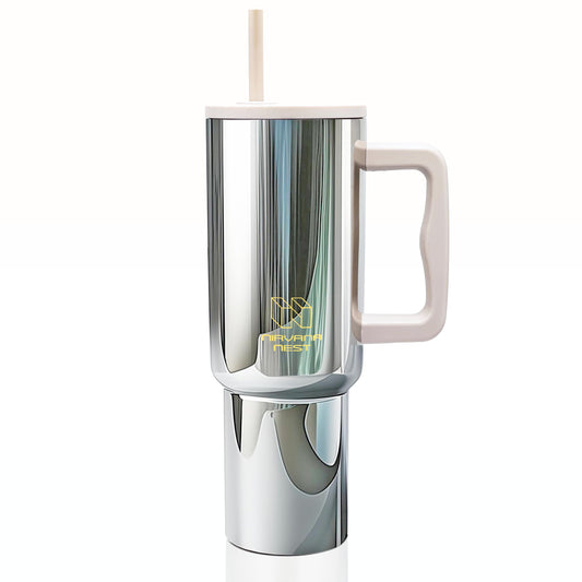 Nirvana Nest Stainless Steel 40 Oz Tumbler with Handle and Straw | Vacuum Insulated | Silicone Lid | Water Bottle Travel Mug | Gifts for Women Men Him Her | Electrolyte Series | Silver Metallic