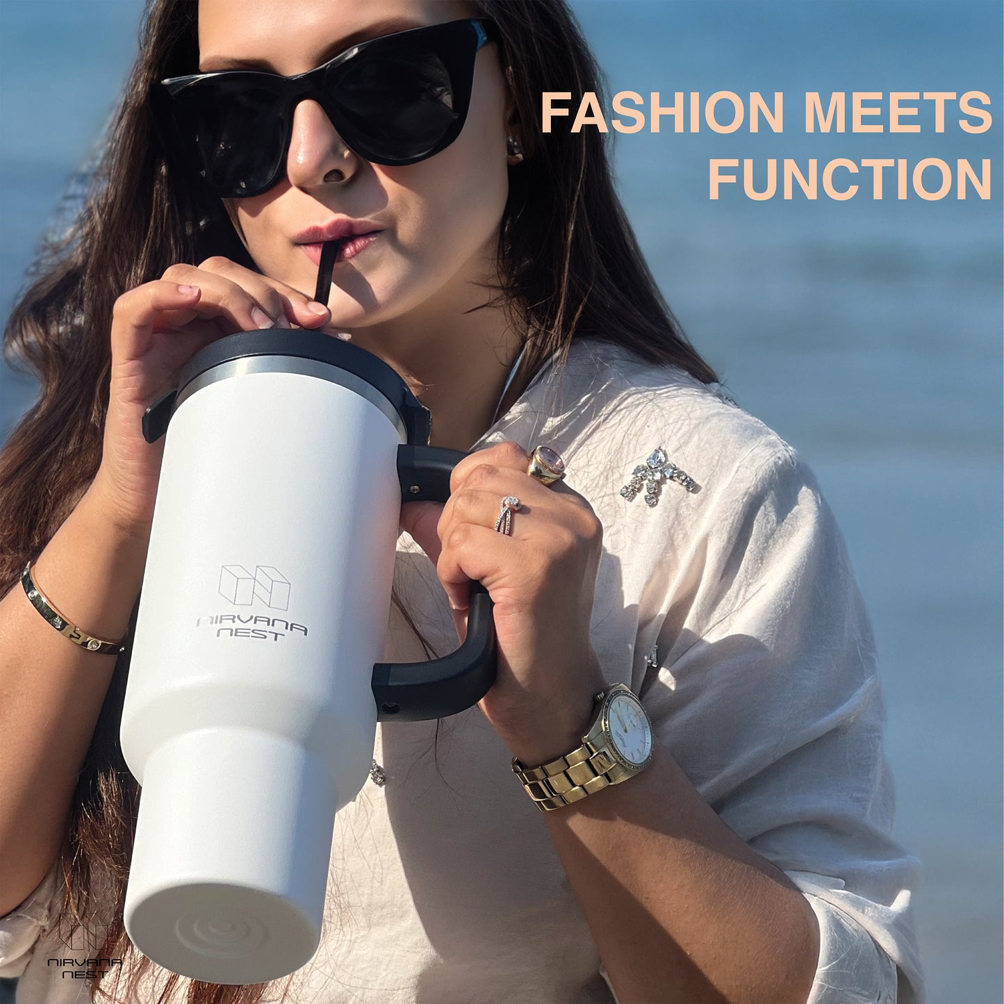 Nirvana Nest Stainless Steel 40 Oz Tumbler with Handle and Straw | Vacuum Insulated | Triple Function Leak Proof Lid | Water Bottle Travel Mug | Gifts for Women Men Him Her | White
