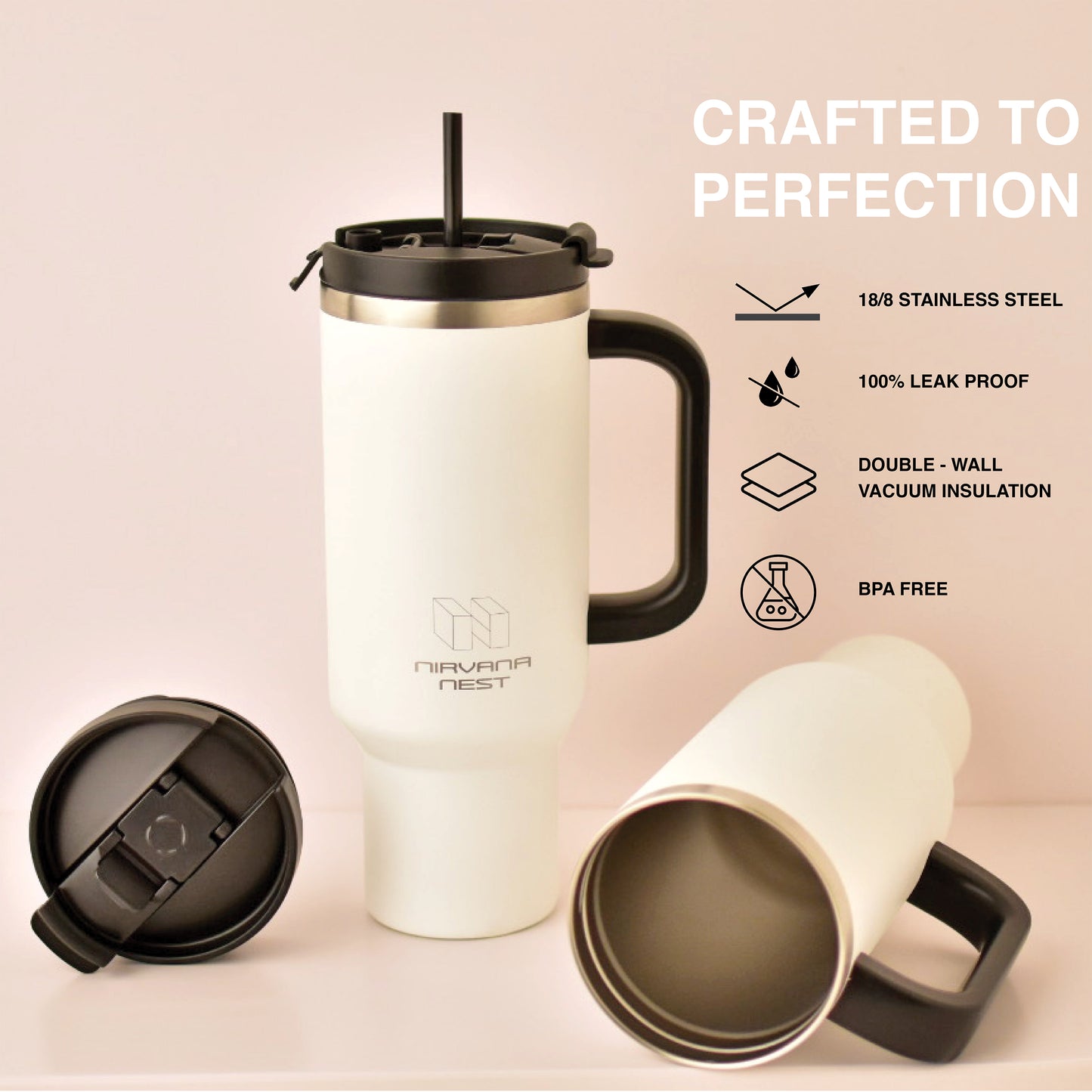 Nirvana Nest Stainless Steel 40 Oz Tumbler with Handle and Straw | Vacuum Insulated | Triple Function Leak Proof Lid | Water Bottle Travel Mug | Gifts for Women Men Him Her | White