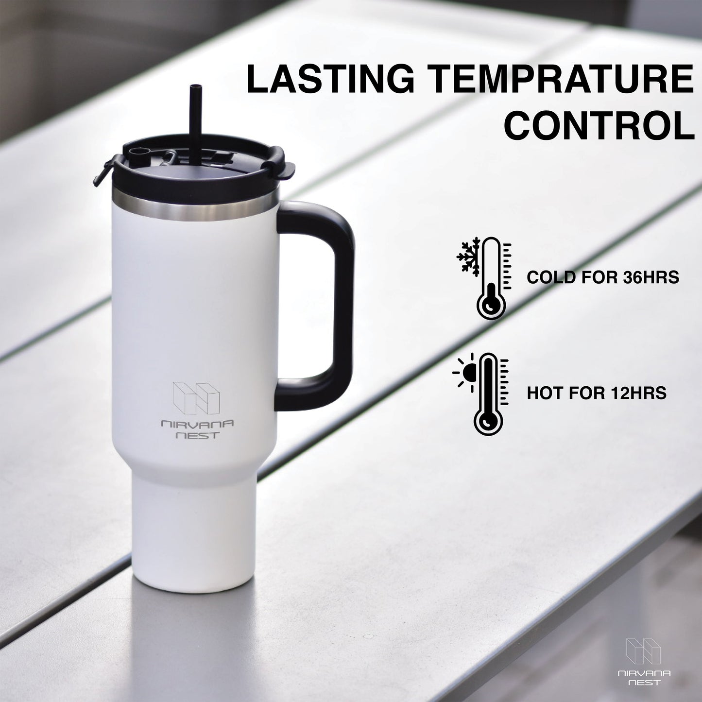 Nirvana Nest Stainless Steel 40 Oz Tumbler with Handle and Straw | Vacuum Insulated | Triple Function Leak Proof Lid | Water Bottle Travel Mug | Gifts for Women Men Him Her | White