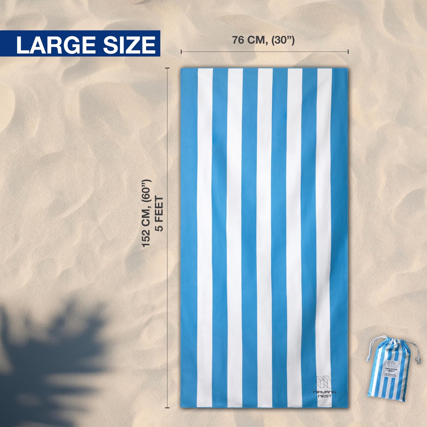 Nirvana Nest Microfiber Beach Towel, Quick Dry, Compact, Travel-Friendly Towel, Sand Free for Beach, Camping, Swim Pool, Cabana, Gym, Sports & Yoga - Includes Bag - Beach Blue Color