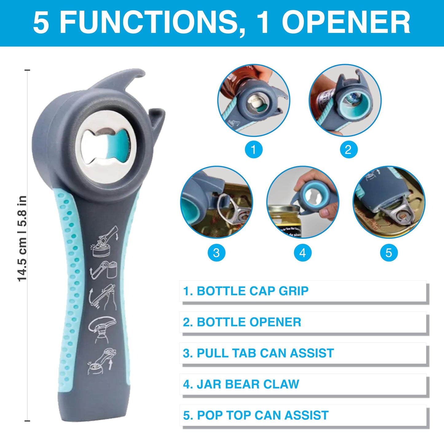 Jar Opener, 5 in 1 Multi Function Can Opener Bottle Opener Kit with Silicone Handle Easy to Use for Children, Elderly and Arthritis Sufferers by Nirvana Nest (Blue and Grey)
